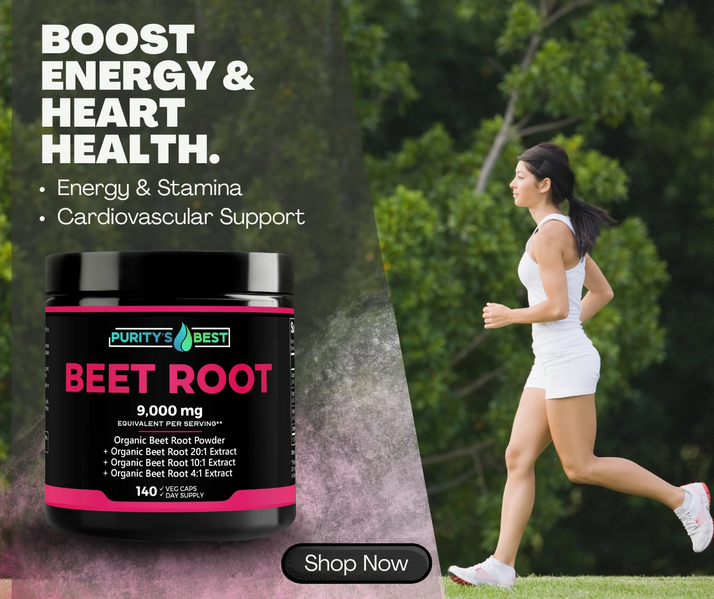 Purity's Best Beet Root supplement bottle 9,000 mg with a woman running, highlighting energy, stamina, and cardiovascular support.