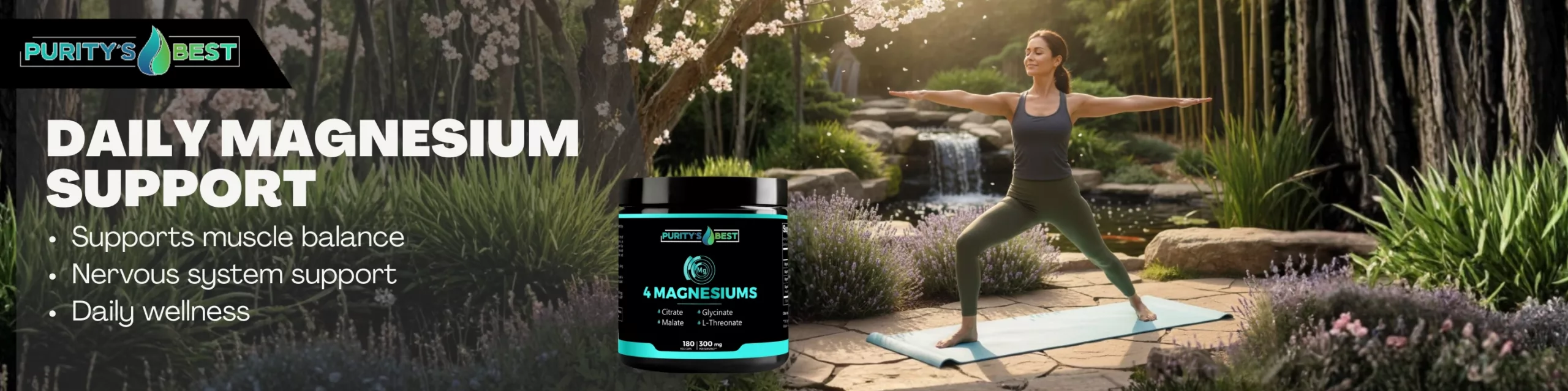 Purity Best 4 Magnesiums Complex supplement bottle with Glycinate and L-Threonate for sleep and muscle recovery