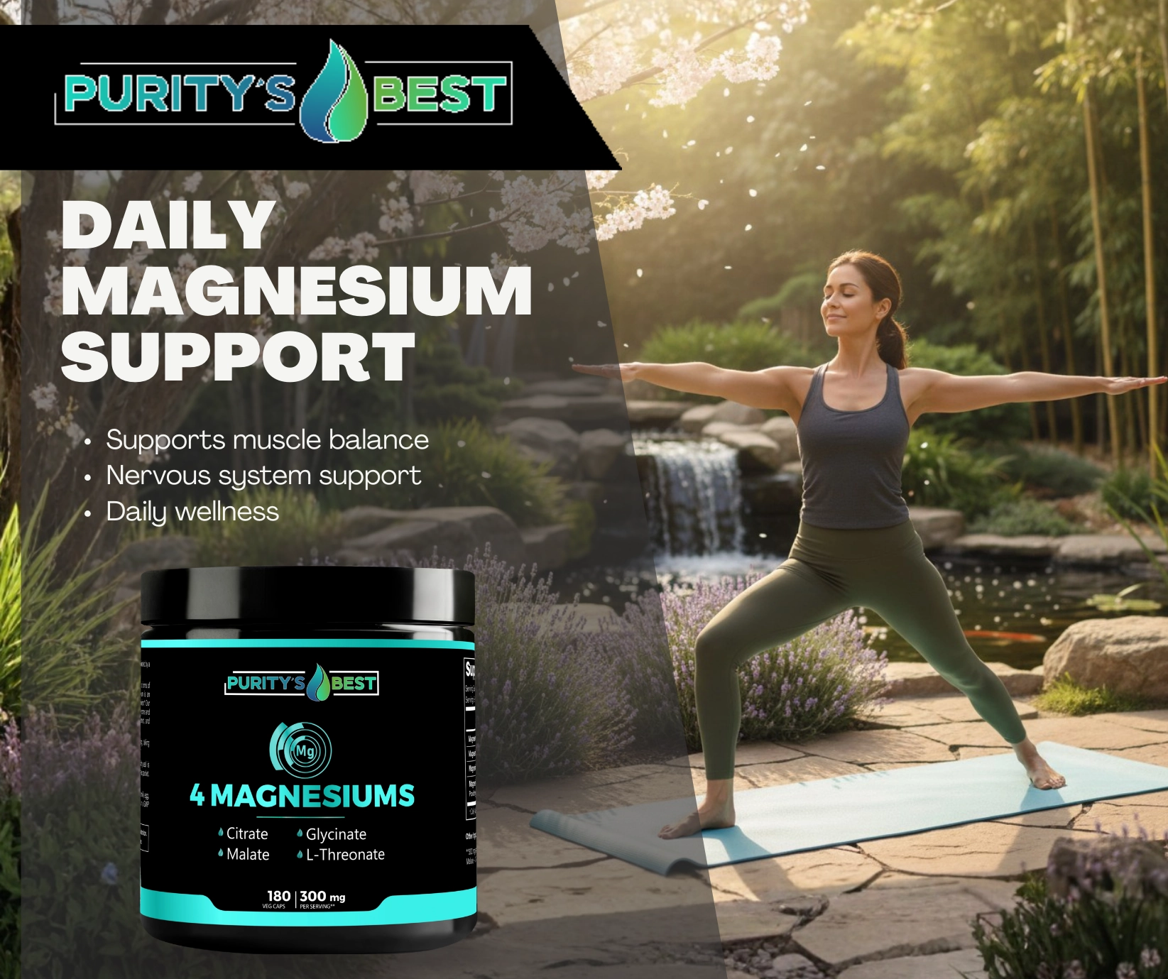 Purity Best 4 Magnesiums Complex supplement bottle with Glycinate and L-Threonate for sleep and muscle recovery