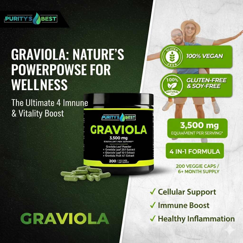 Graviola 3,500 mg 4-in-1 high-potency supplement bottle by Purity Best for immune and cellular support.