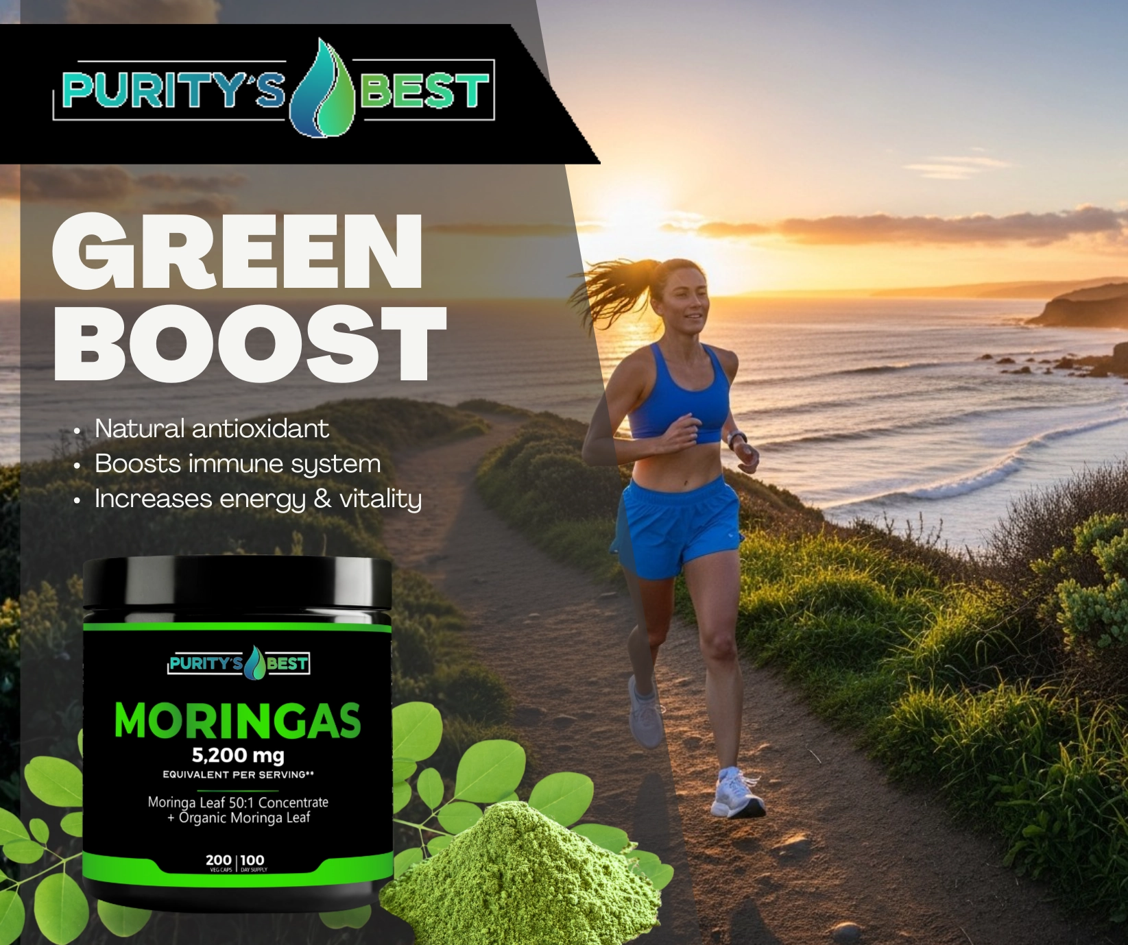 Benefits of Moringa capsules by Purity's Best for energy, immunity, and heart health.
