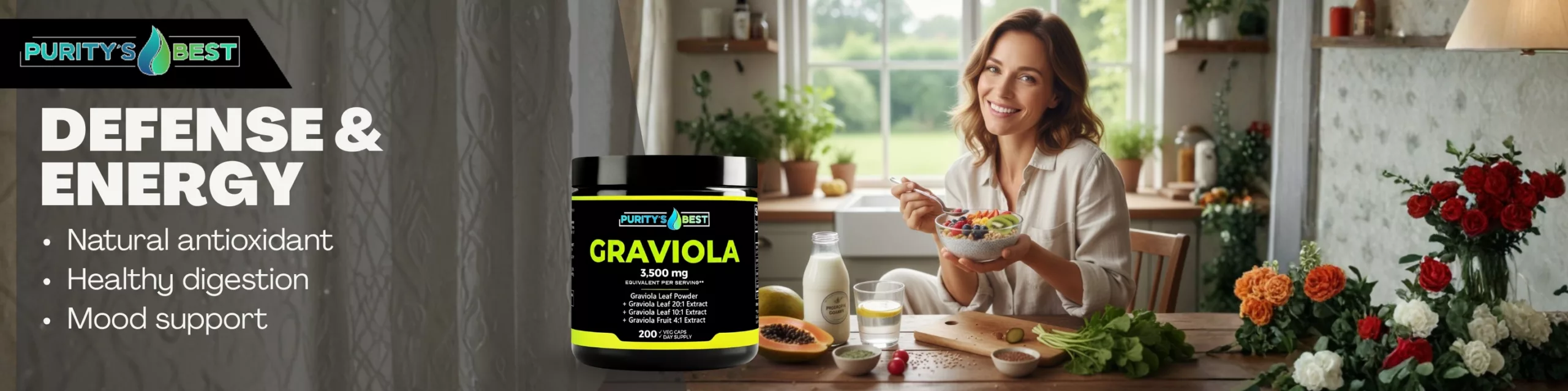 Graviola Banner 3,500 mg 4-in-1 high-potency supplement bottle by Purity Best for immune and cellular support.