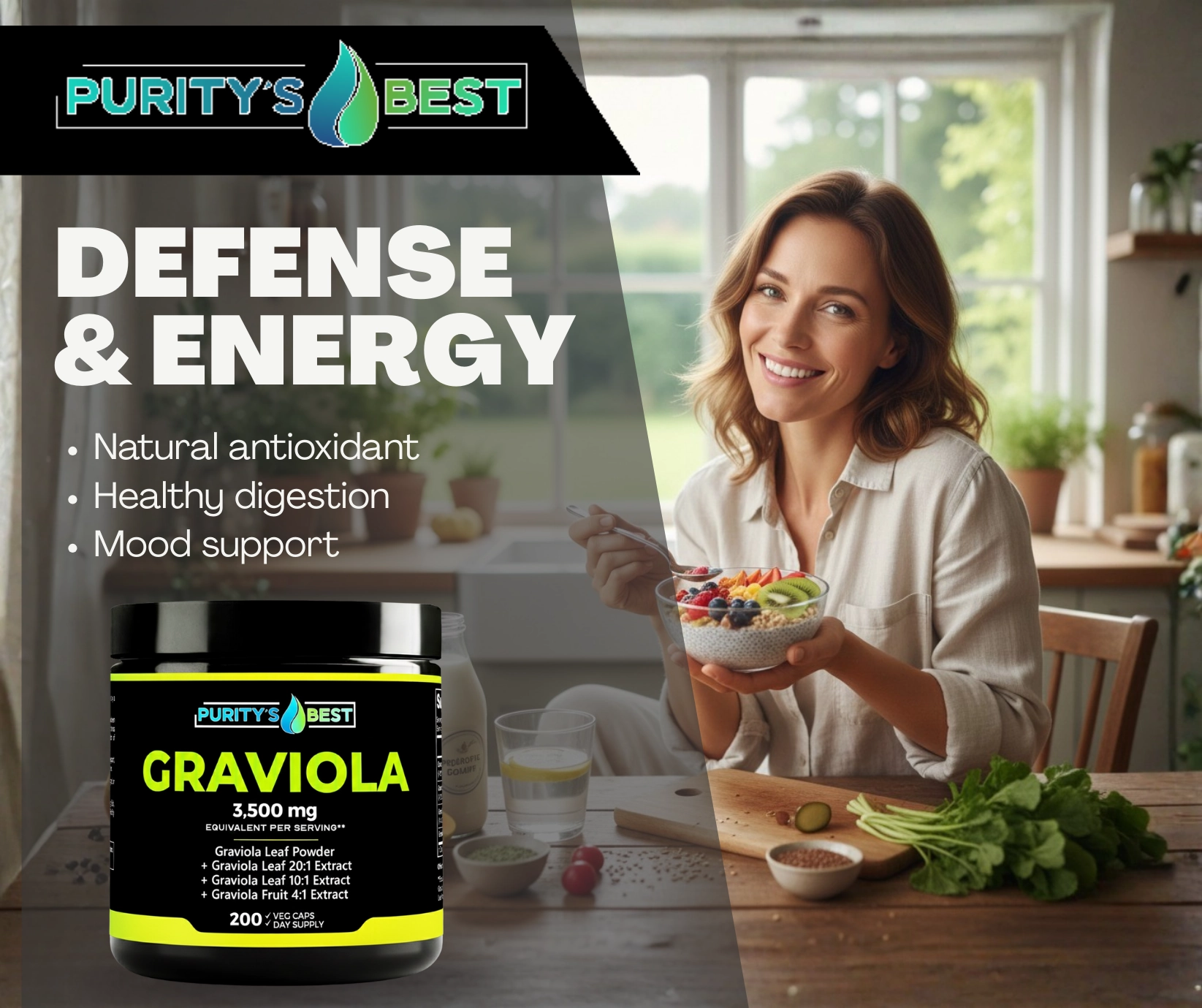 Graviola 3,500 mg 4-in-1 high-potency supplement bottle by Purity Best for immune and cellular support.