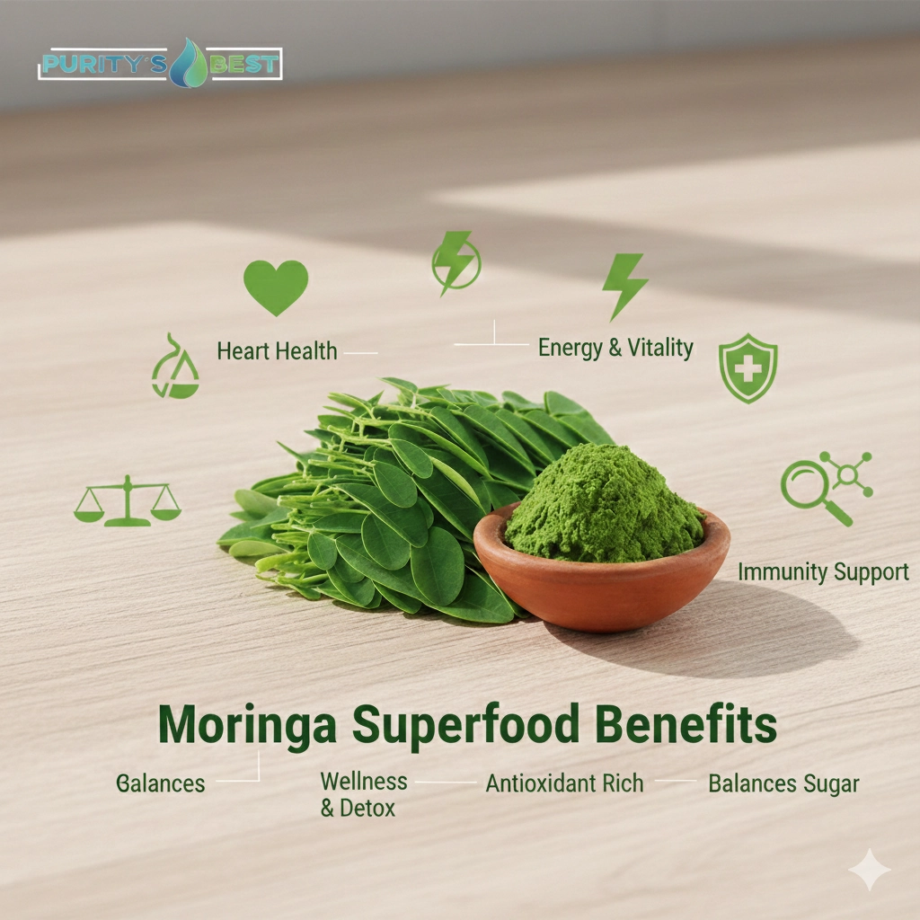 Benefits of Moringa capsules by Purity's Best for energy, immunity, and heart health.