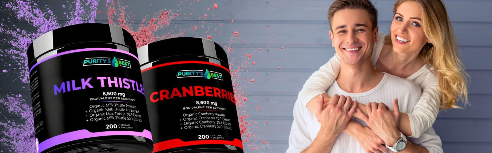Milk Thistle and Cranberry supplements for liver and urinary tract health. Happy young couple.