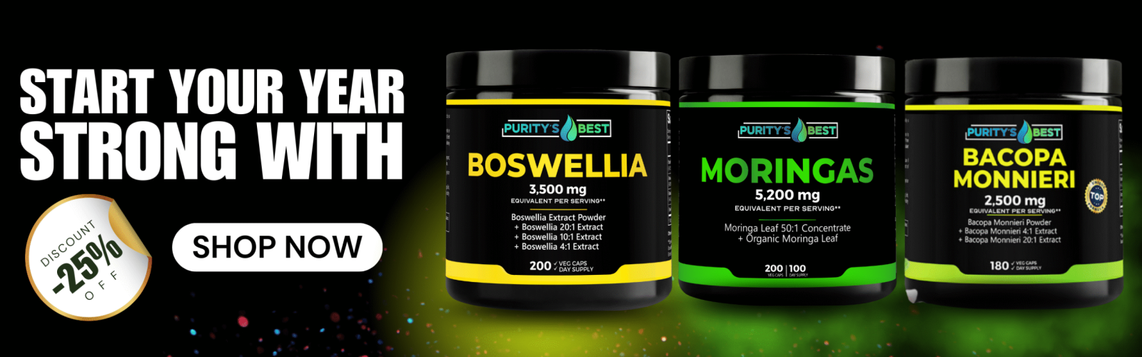 Purity Best New Year Sale banner featuring Boswellia, Moringa, and Bacopa Monnieri supplements with 25% discount.