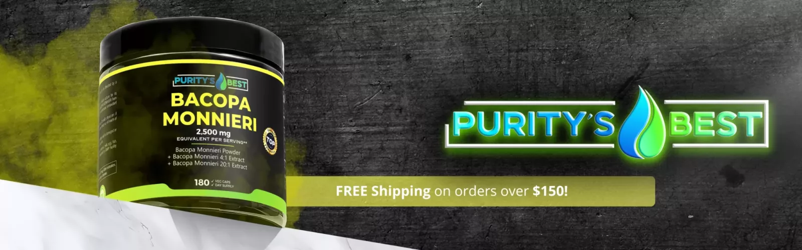 Purity's Best Bacopa Monnieri 2500mg supplement for memory and focus, with free shipping on orders over $150.