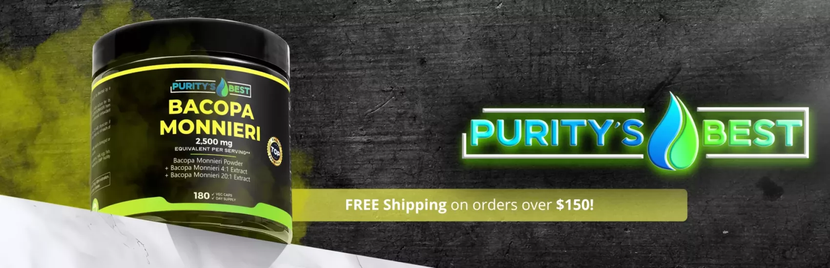 Purity's Best Bacopa Monnieri 2500mg supplement for memory and focus, with free shipping on orders over $150.