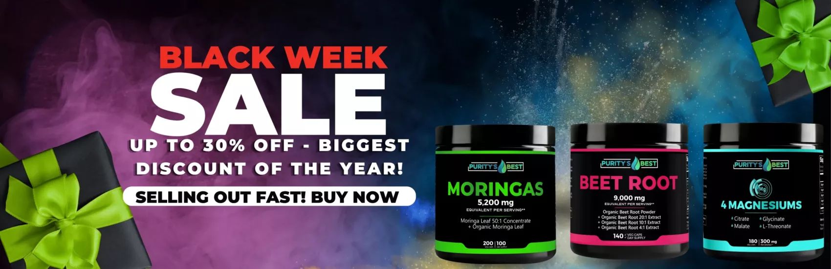 Purity's Best Black Week Sale banner with 30% off Moringa, Beet Root, and 4 Magnesiums supplements.